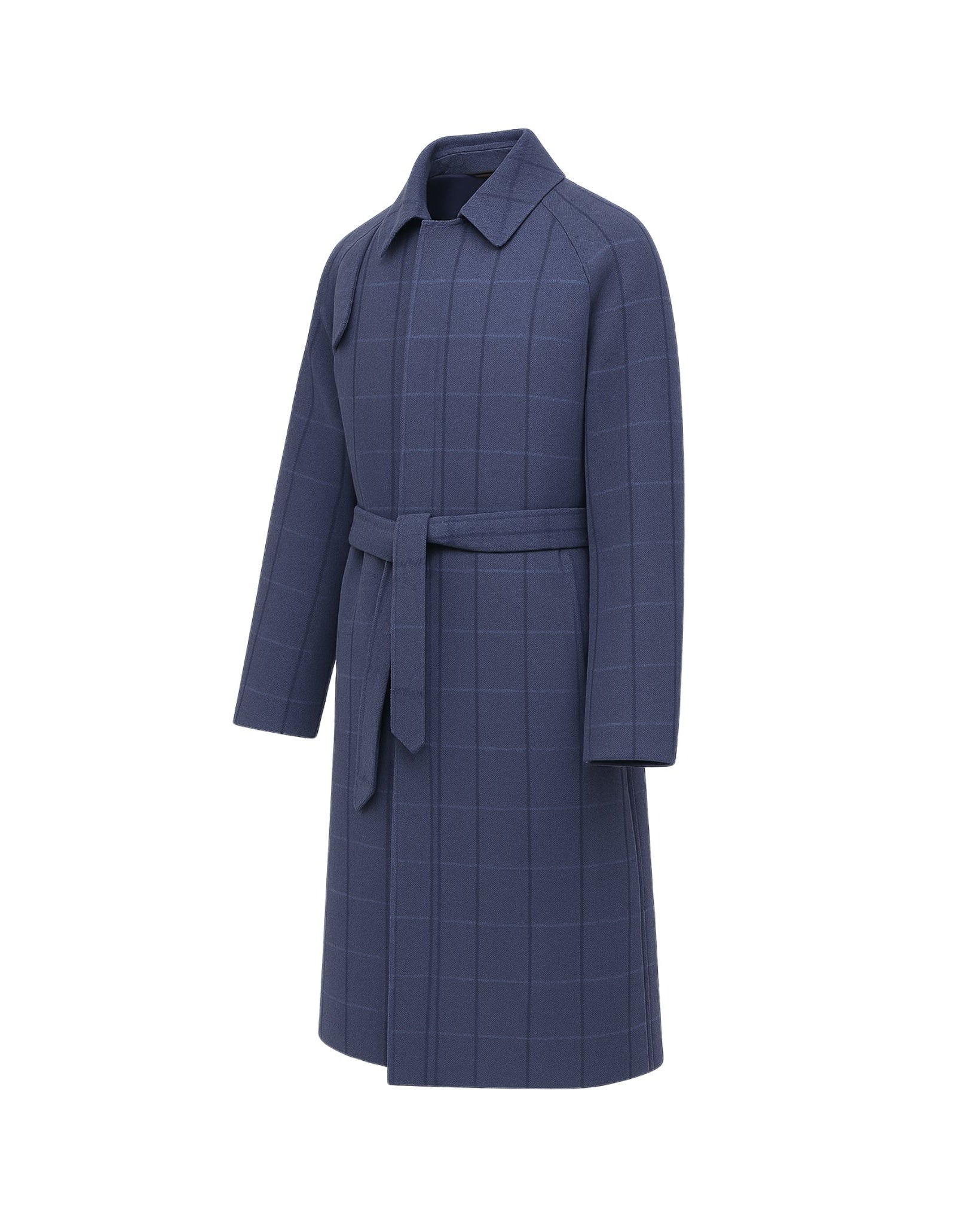 Blue Herringbone Overcoat | Raglan Sleeve Construction | Storm Shield in a deep blue wool fabric with subtle windowpane pattern, featuring a belted waist and classic collar for elegant outerwear.