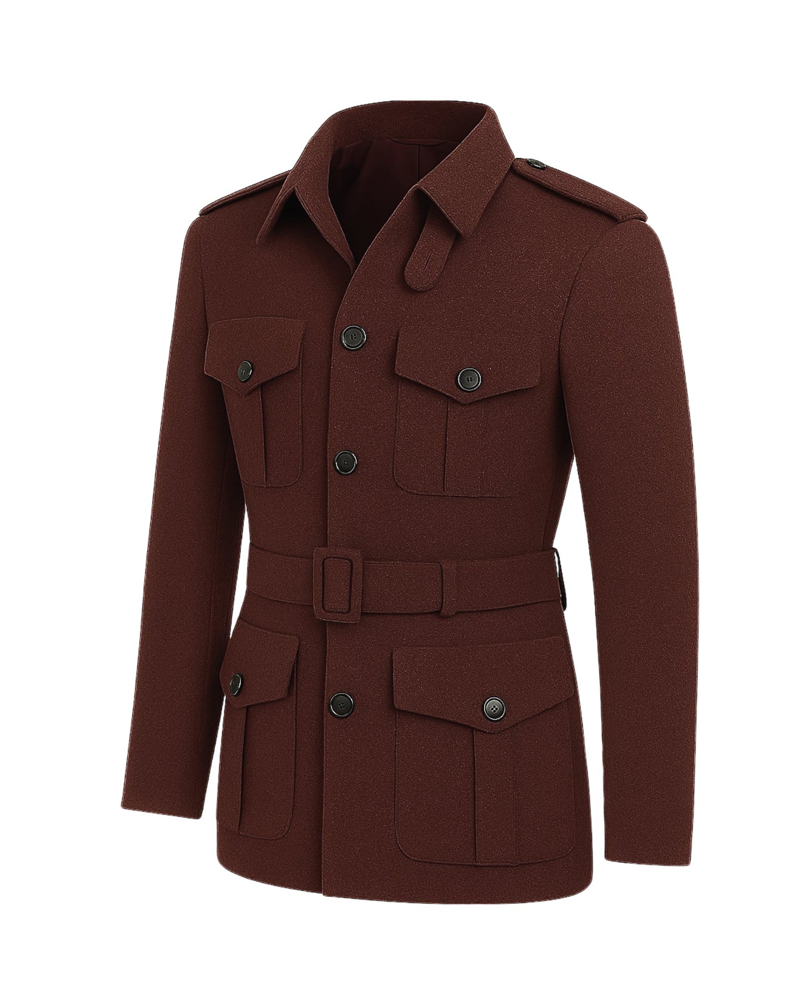 Rusted Gold Jacket | Custom Wool Belted Field Coat in a rich rust tone, featuring multiple buttoned flap pockets, epaulets, a structured collar, and a matching wool belt for a tailored fit.