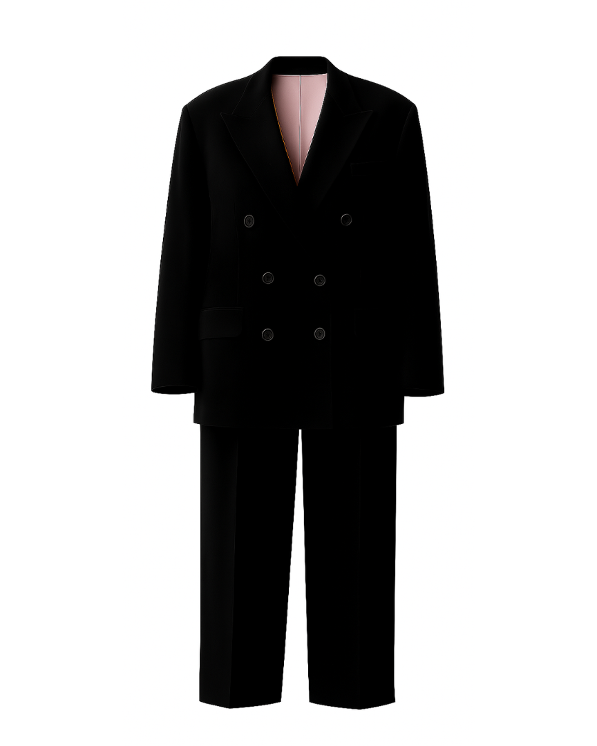 PRE-LOVED | Women's Black Oversized Wedding Suit featuring a double-breasted blazer with wide lapels and flap pockets, paired with relaxed straight-leg trousers in luxurious black fabric for a bold bridal look.