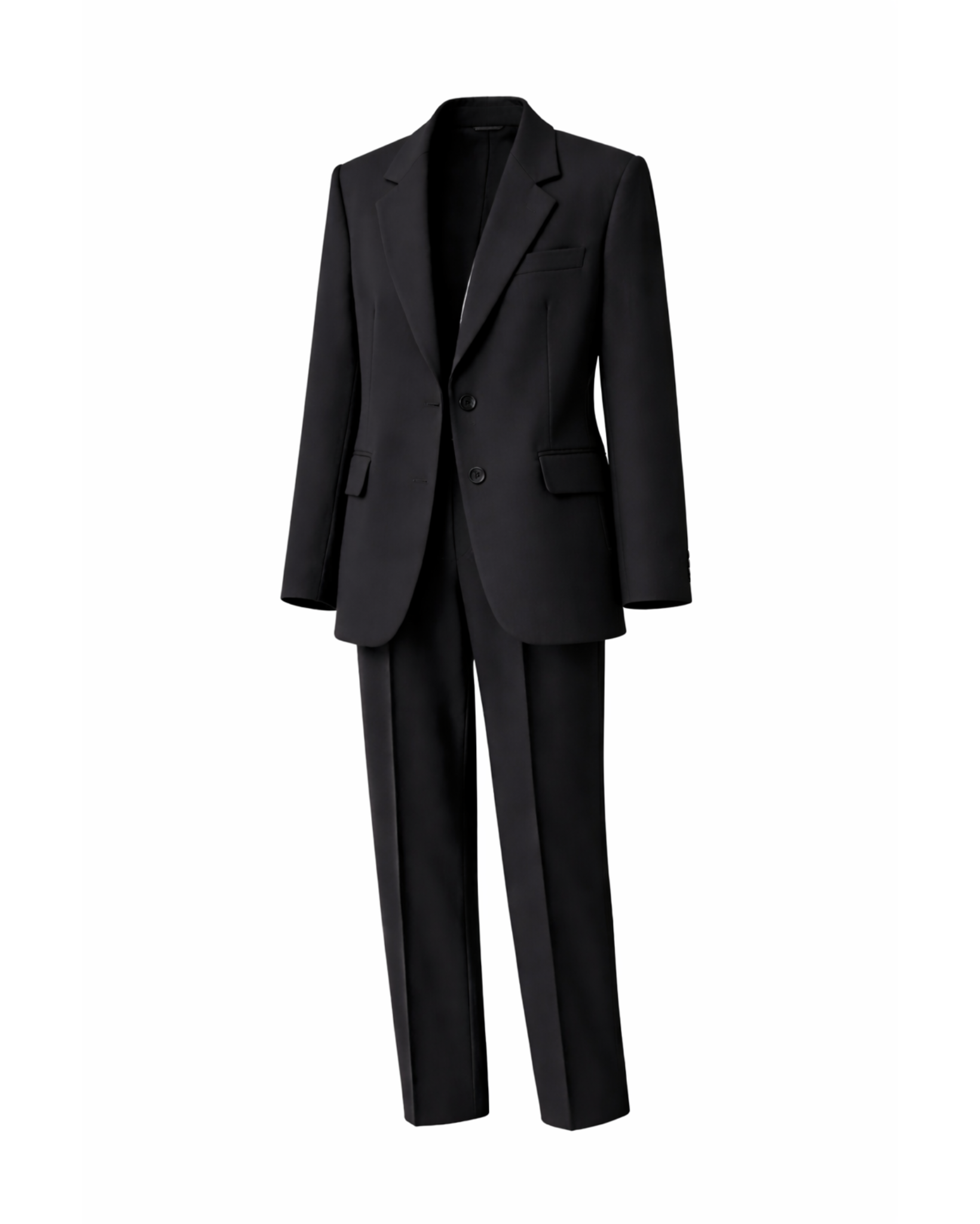 Women's Wearhouse | Black Oversized Wedding Suit featuring a relaxed two-button blazer with classic lapels and straight-leg trousers in luxurious black fabric for a chic, gender-neutral bridal look.