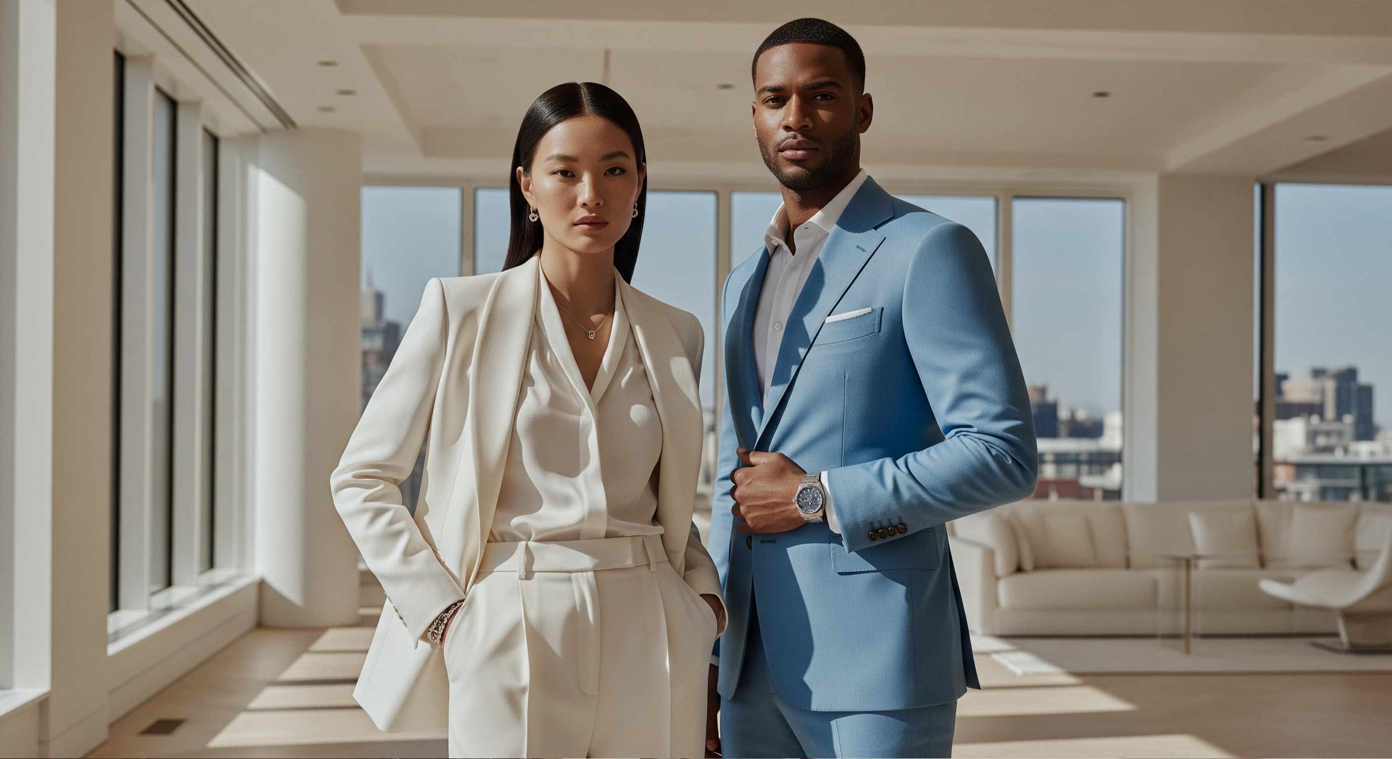 Man and woman standing confidently in a sunlit modern room with large windows, wearing tailored light beige and sky blue suits respectively, showcasing elegant suiting styles.
