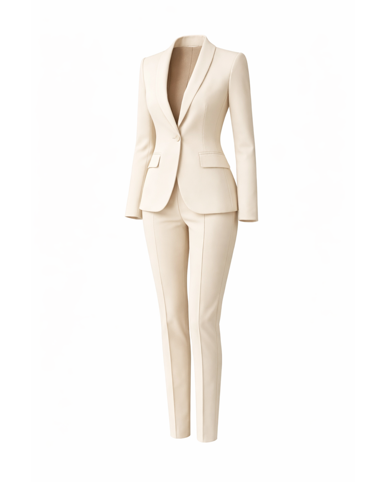 Women's Wearhouse | Women's Cream Fitted Wedding Suit featuring a single-button blazer with elegant shawl lapels, flap pockets, and slim, tailored trousers in a soft cream fabric for refined bridal suiting.