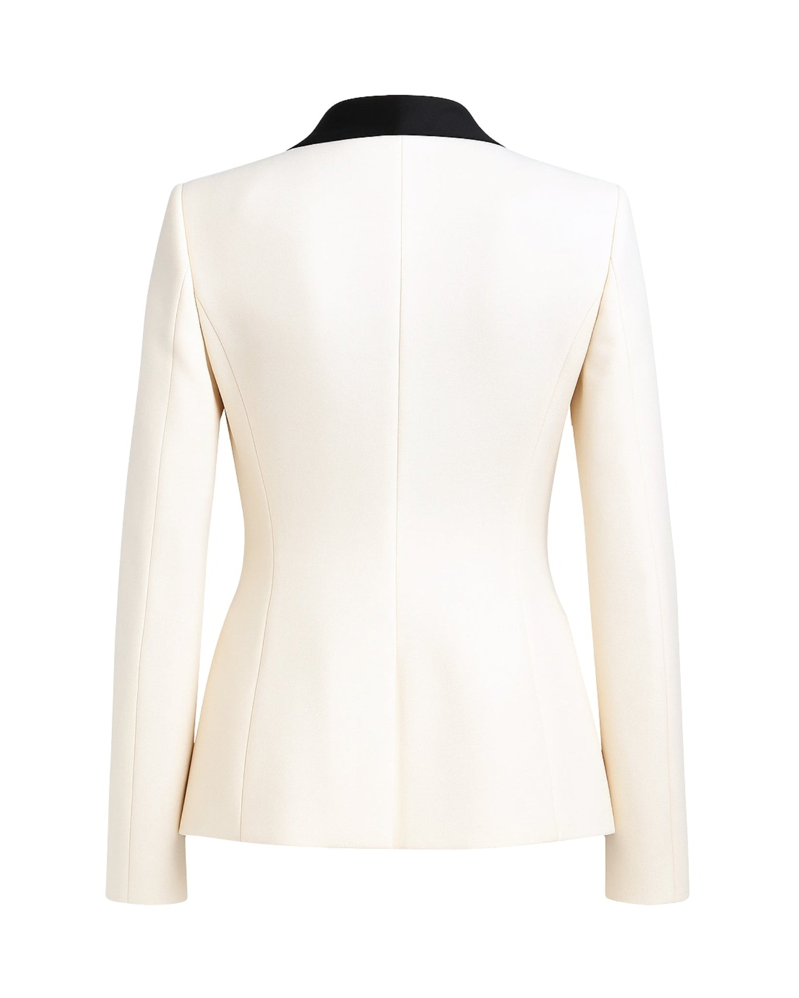 White Blazer Black Shawl Collar Tuxedo Jacket shown from the back, featuring a tailored fit with clean lines, long sleeves, and a contrasting black shawl collar for elegant formalwear.