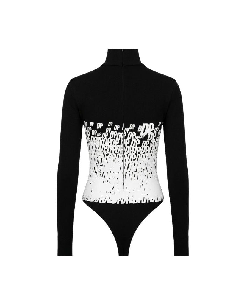 The Tailory New York X Dogpound Fitted Turtleneck Bodysuit in black featuring a high neckline and a bold white graphic logo pattern across the midsection for a modern, sleek look.