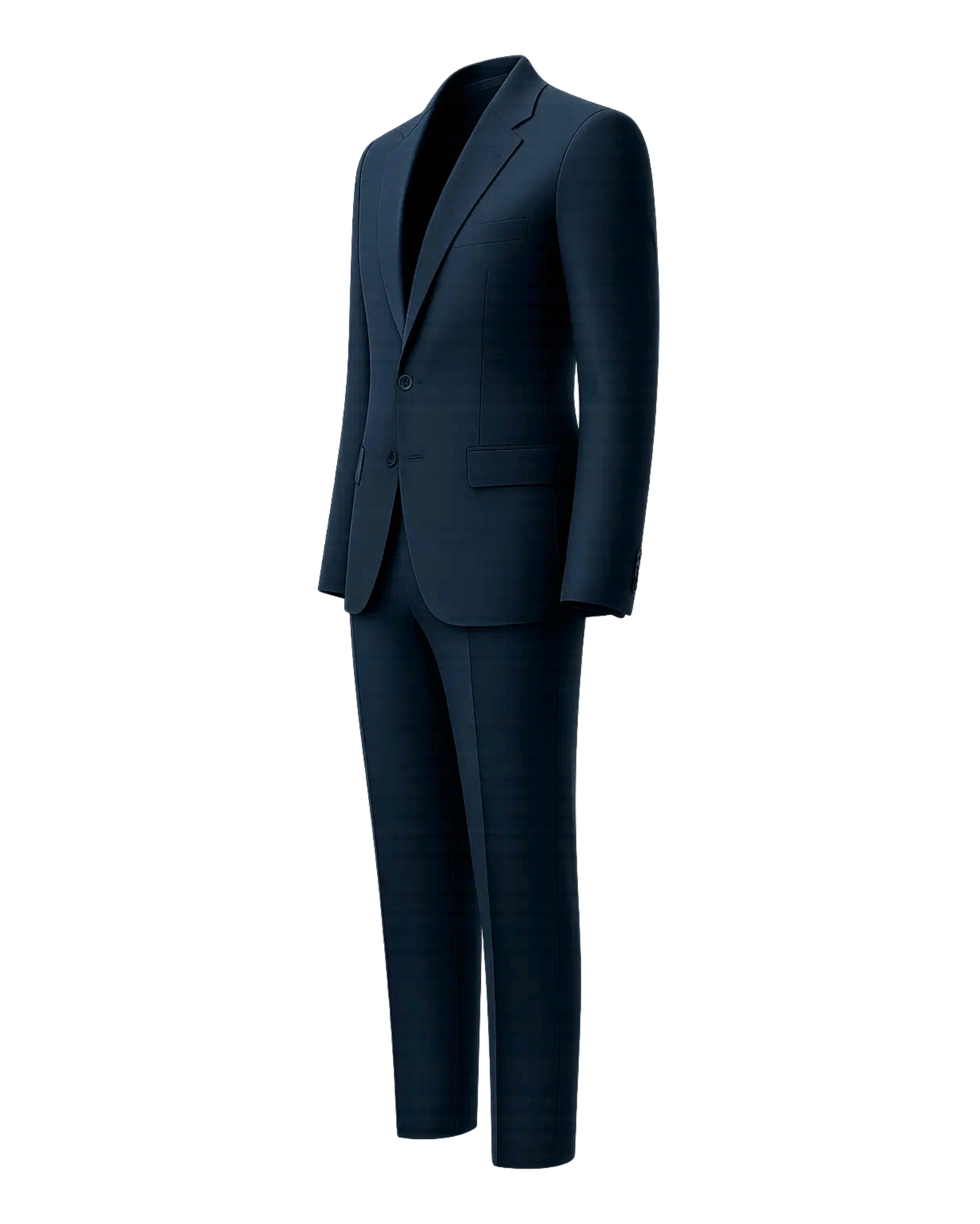 Men's Navy Blue Classic Tailored Suit Set displaying a modern fit two-button blazer with notch lapels, flap pockets, and matching slim trousers in a deep navy fabric for refined business attire.