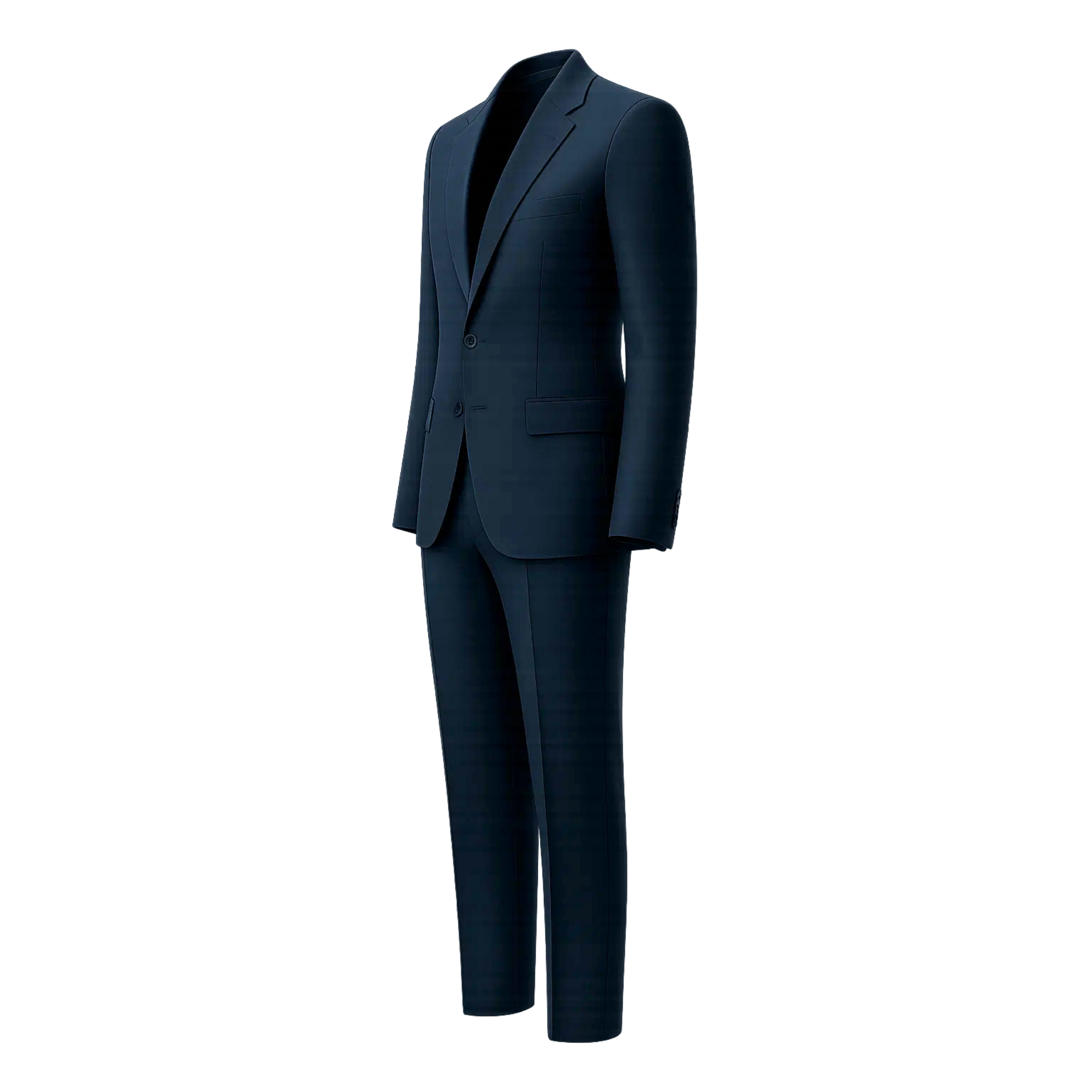 Men's Navy Blue Classic Tailored Suit Set displaying a modern fit two-button blazer with notch lapels, flap pockets, and matching slim trousers in a deep navy fabric for refined business attire.
