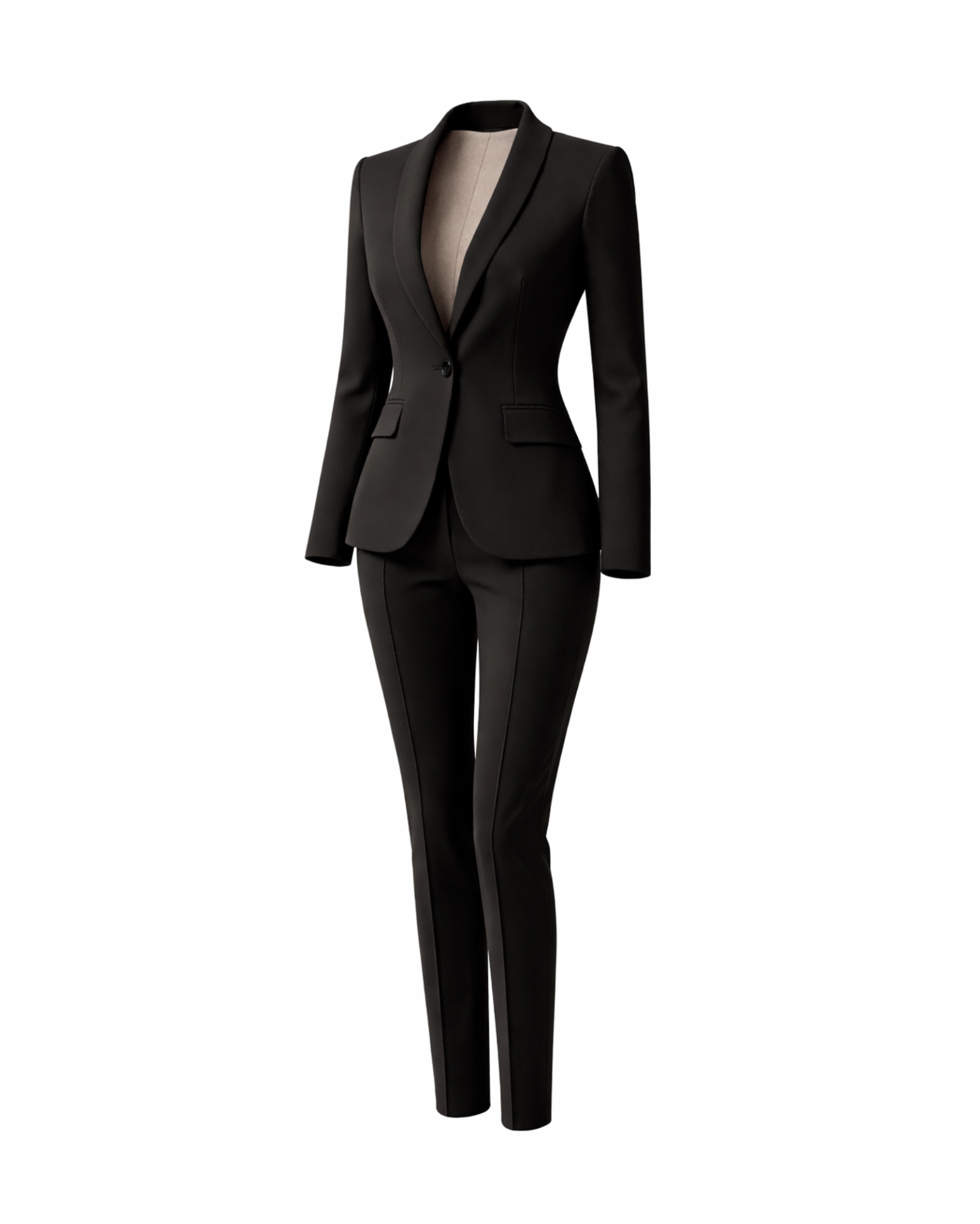 Women's Wearhouse| Women's Black Fitted Wedding Suit featuring a sleek single-button blazer with elegant shawl lapels and slim tailored trousers in a refined black fabric for a modern bridal look.