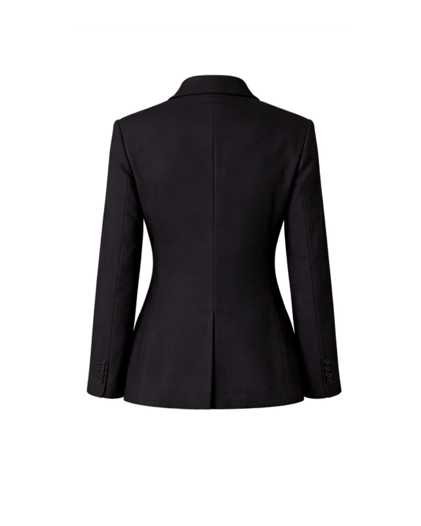 Women's Wearhouse | Back Fitted Suit Jacket in a sleek black fabric, tailored with princess seams, a center back vent, and long sleeves finished with button cuffs for a flattering fit.