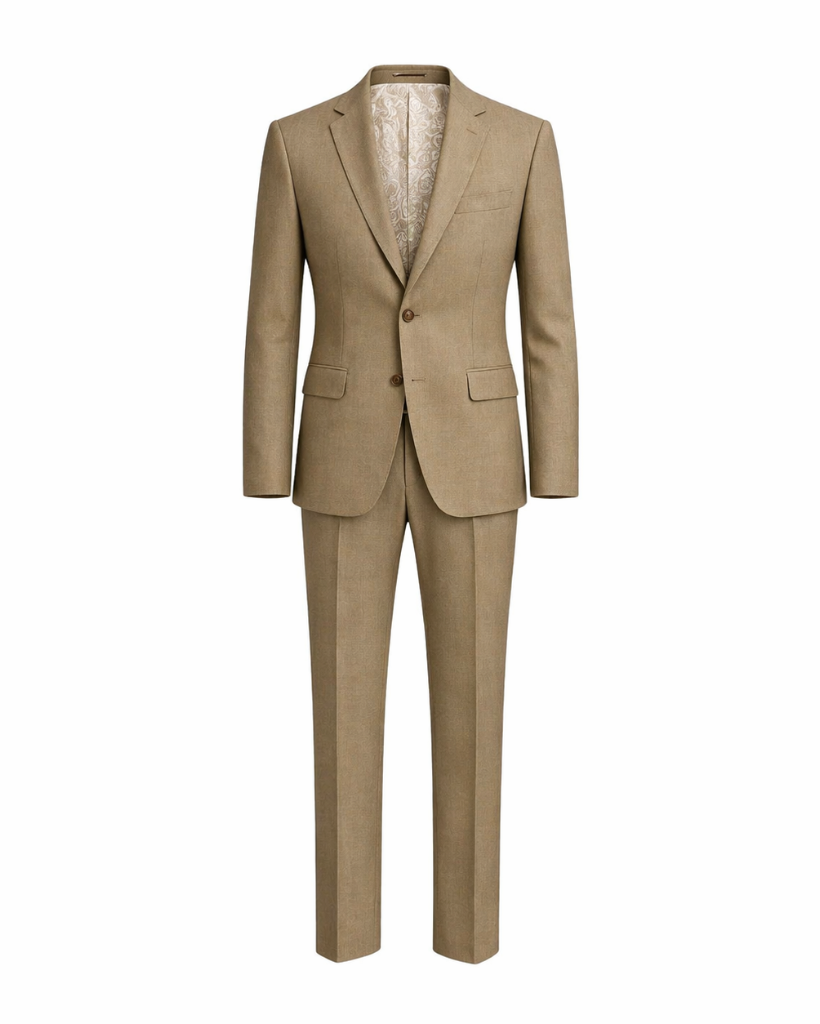 Beige Wool Summer Wedding Suit in a lightweight wool fabric, featuring a tailored fit with notch lapels, two-button closure, flap pockets, and flat-front trousers for elegant summer suiting.