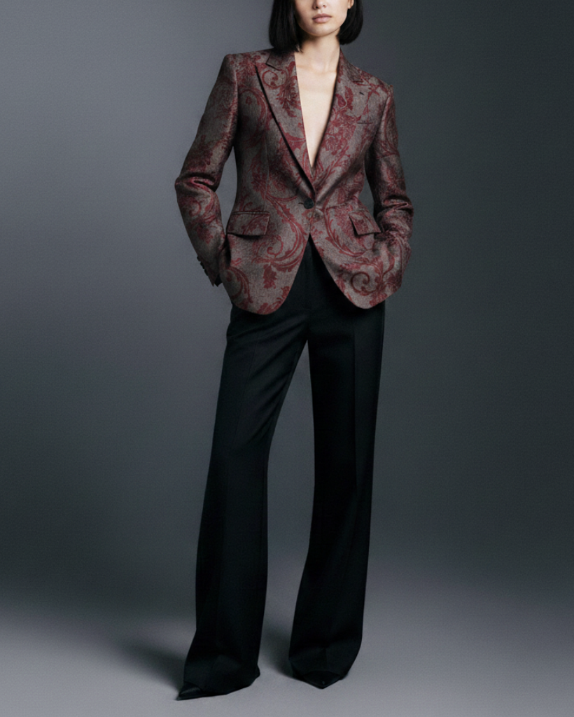 Model wearing the Burgundy Baroque Velvet Graphic Jacket with a deep V-neck and tailored fit, paired with wide-leg black trousers for a sleek, formal evening look.