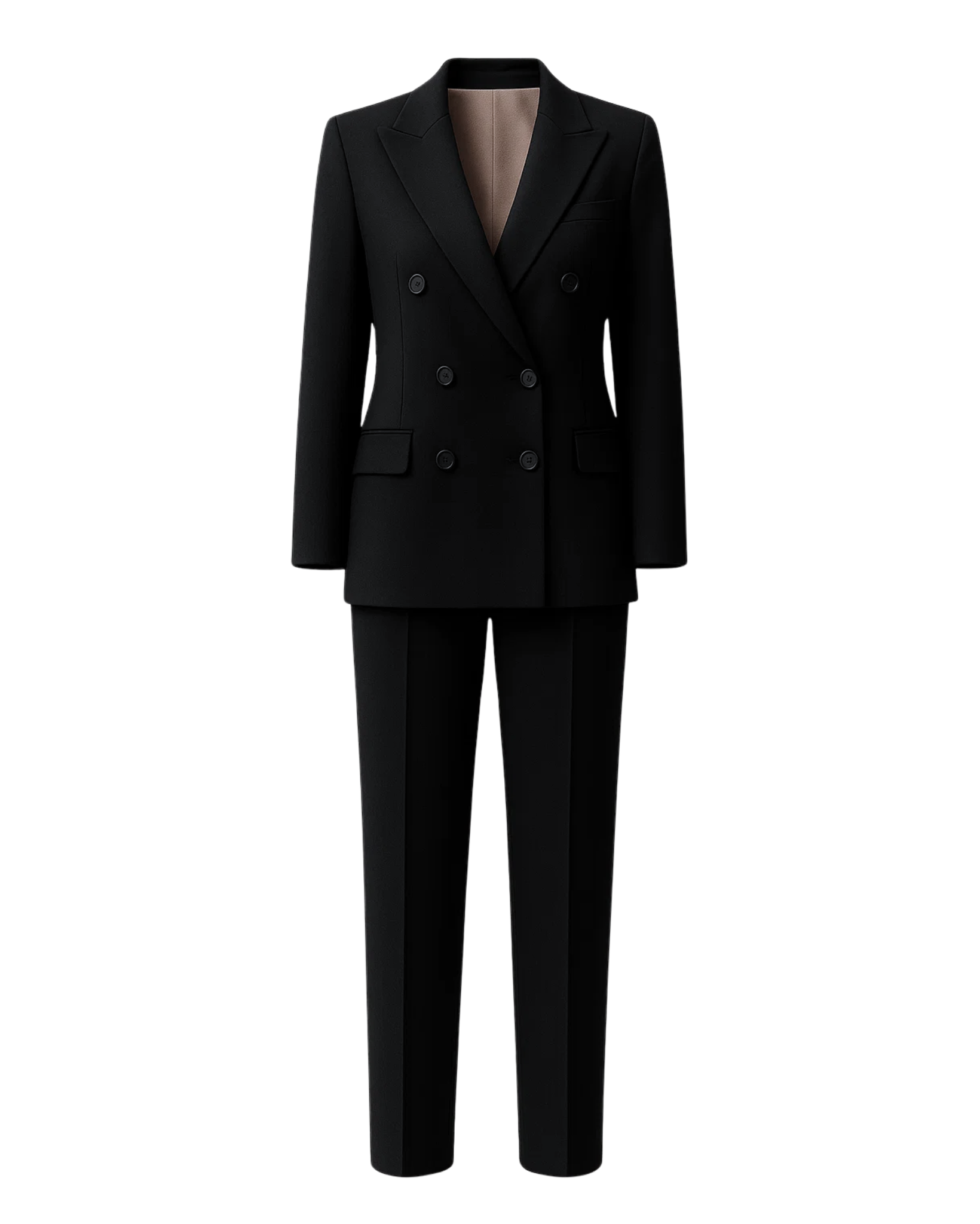 PRE-LOVED | Women's Black Oversized Wedding Suit featuring a double-breasted blazer with peak lapels and structured shoulders paired with straight-leg trousers in a luxurious black fabric for a chic, androgynous bridal look.