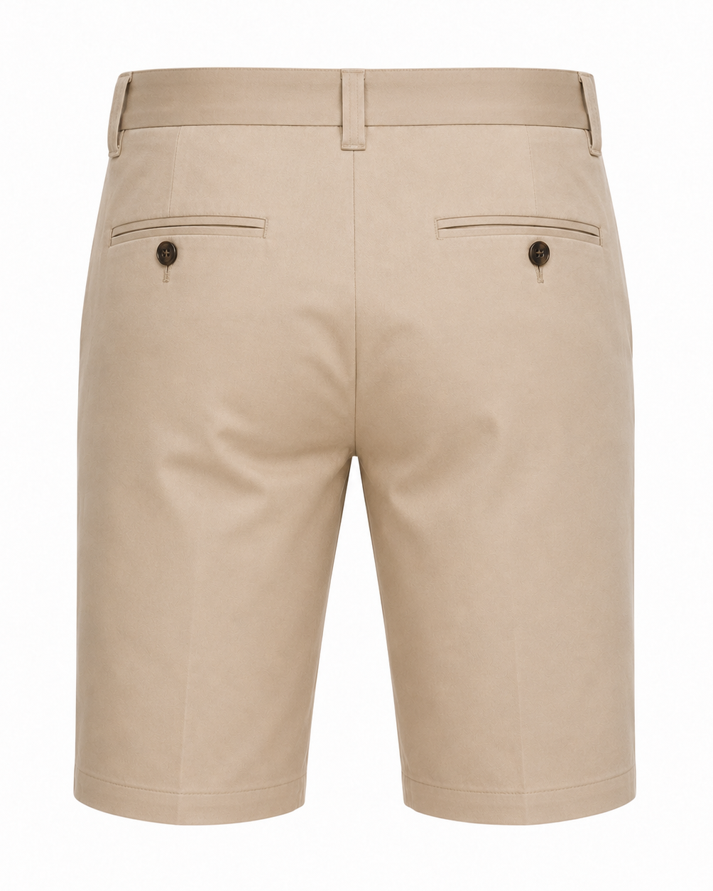 Men’s Loro Piana Tailored Bermuda Shorts in a refined beige fabric, featuring a streamlined back with buttoned welt pockets and belt loops for tailored summer leisurewear.