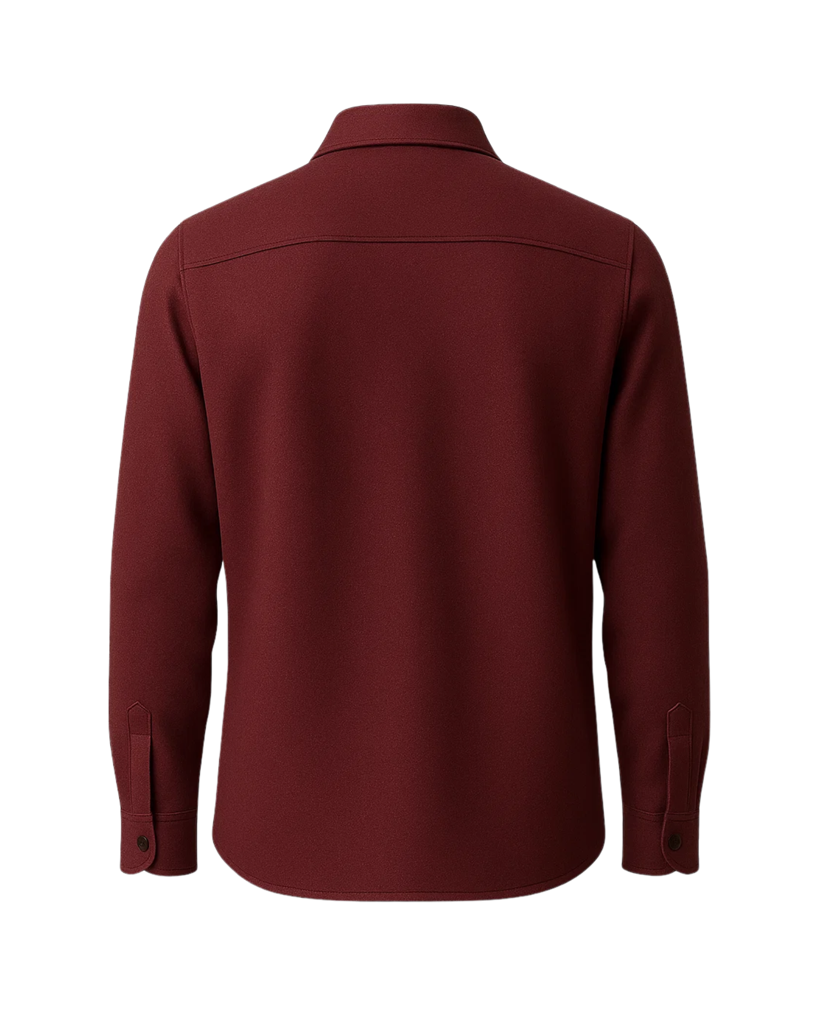 Men's Burgundy Business Shirt displayed from the back, featuring a smooth fabric, long sleeves with buttoned cuffs, and a clean, classic silhouette for refined menswear.