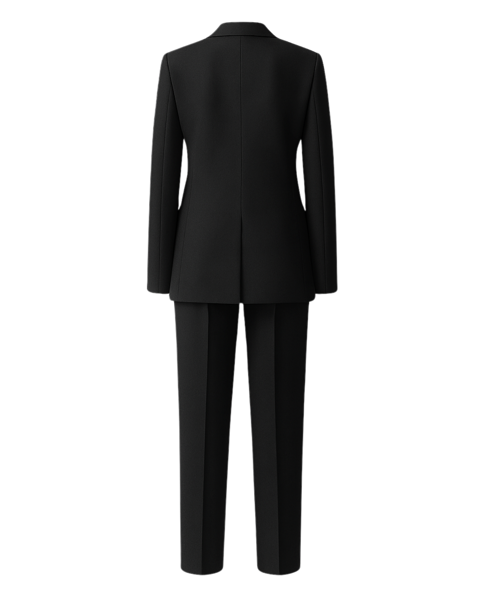 PRE-LOVED | Women's Black Oversized Wedding Suit shown from the back, featuring a relaxed longline blazer and straight-leg trousers crafted from smooth black fabric for a modern androgynous bridal look.