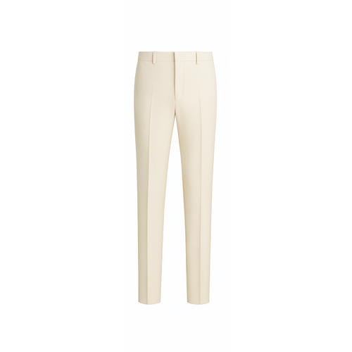 Ivory Loro Piana Men's Slim Trousers featuring a streamlined silhouette with pressed creases, belt loops, and clean tailoring in a luxurious creamy fabric ideal for refined men's suiting.