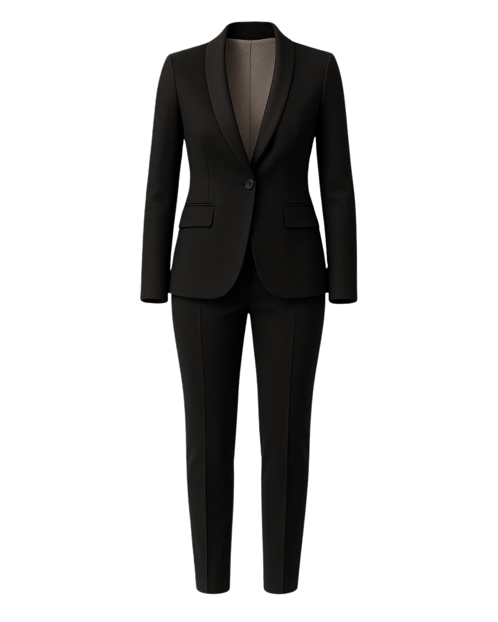 PRE-LOVED | Women's Black Fitted Wedding Suit featuring a sleek single-button blazer with a subtle shawl collar and tailored slim trousers, crafted in luxurious black fabric for a refined bridal look.