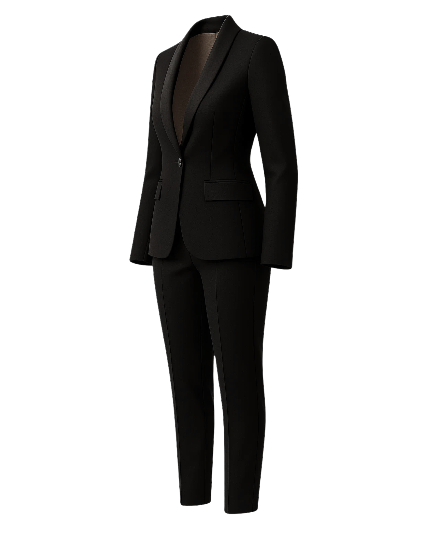 PRE-LOVED | Women's Black Fitted Wedding Suit featuring a single-button blazer with a tailored silhouette, sleek lapels, and slim trousers in luxurious black fabric for elegant bridal suiting.