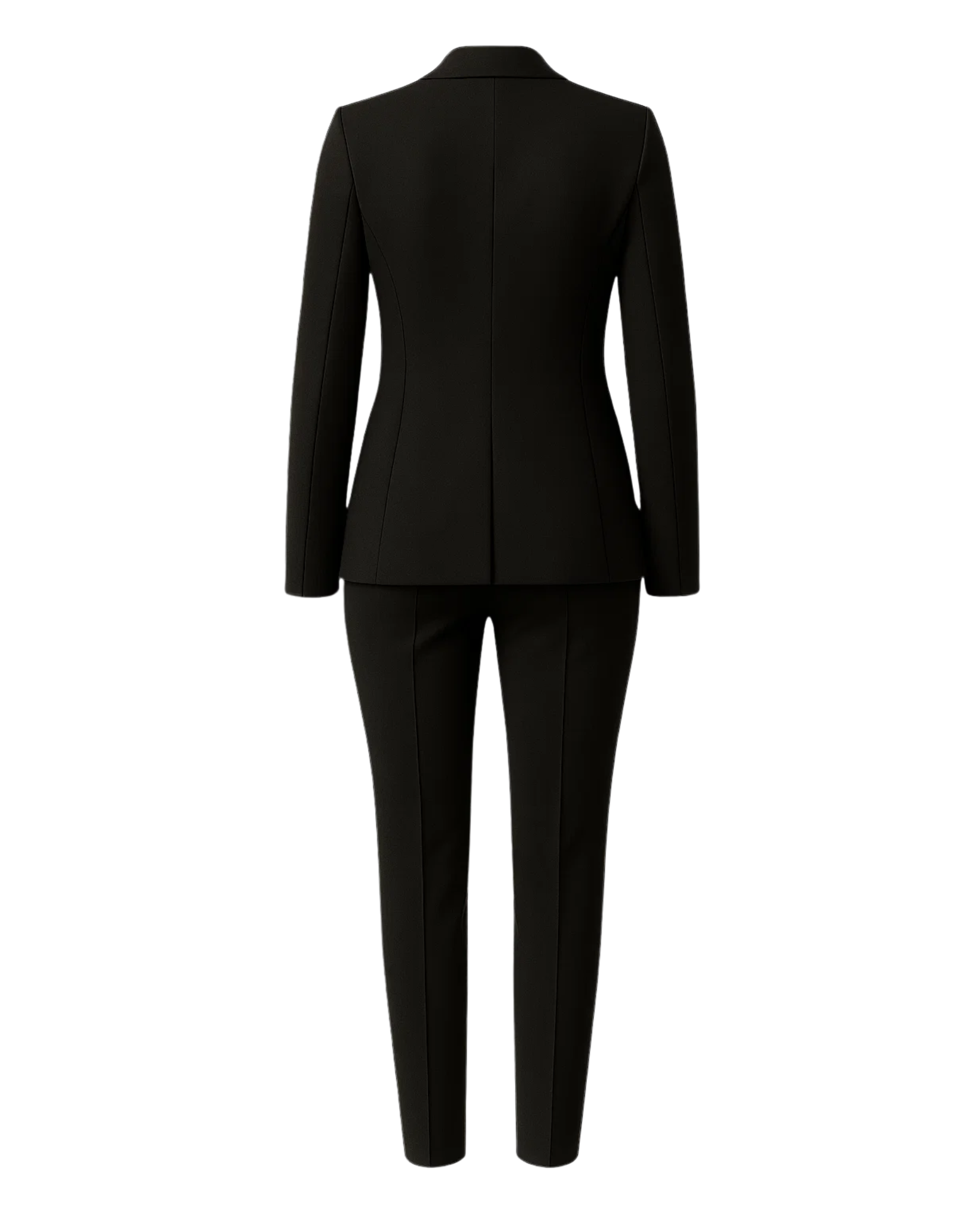 PRE-LOVED | Women's Black Fitted Wedding Suit shown from the back, featuring a tailored single-button blazer with structured seams and slim-fit trousers in a sleek black fabric for sophisticated bridal suiting.