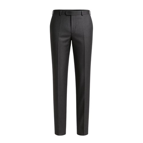 Men's Loro Piana Charcoal Dress Pants featuring a tailored slim fit with pressed creases, belt loops, and a smooth finish crafted from luxury charcoal fabric for refined formalwear.