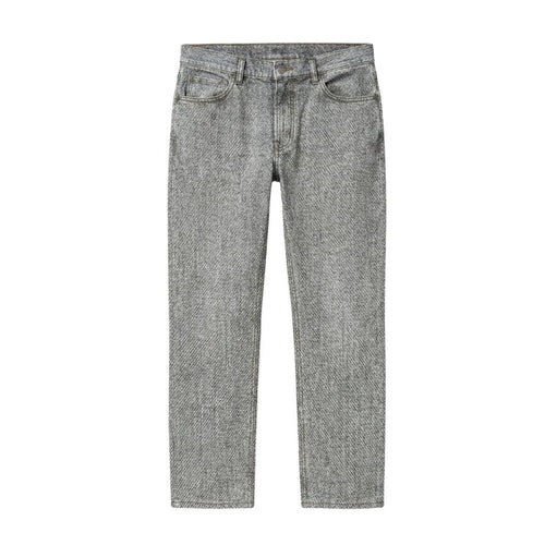 Front view of Loro Piana Grey Wool Cashmere Blend Jeans showcasing a tailored fit in a soft grey fabric with subtle texture and classic five-pocket styling.