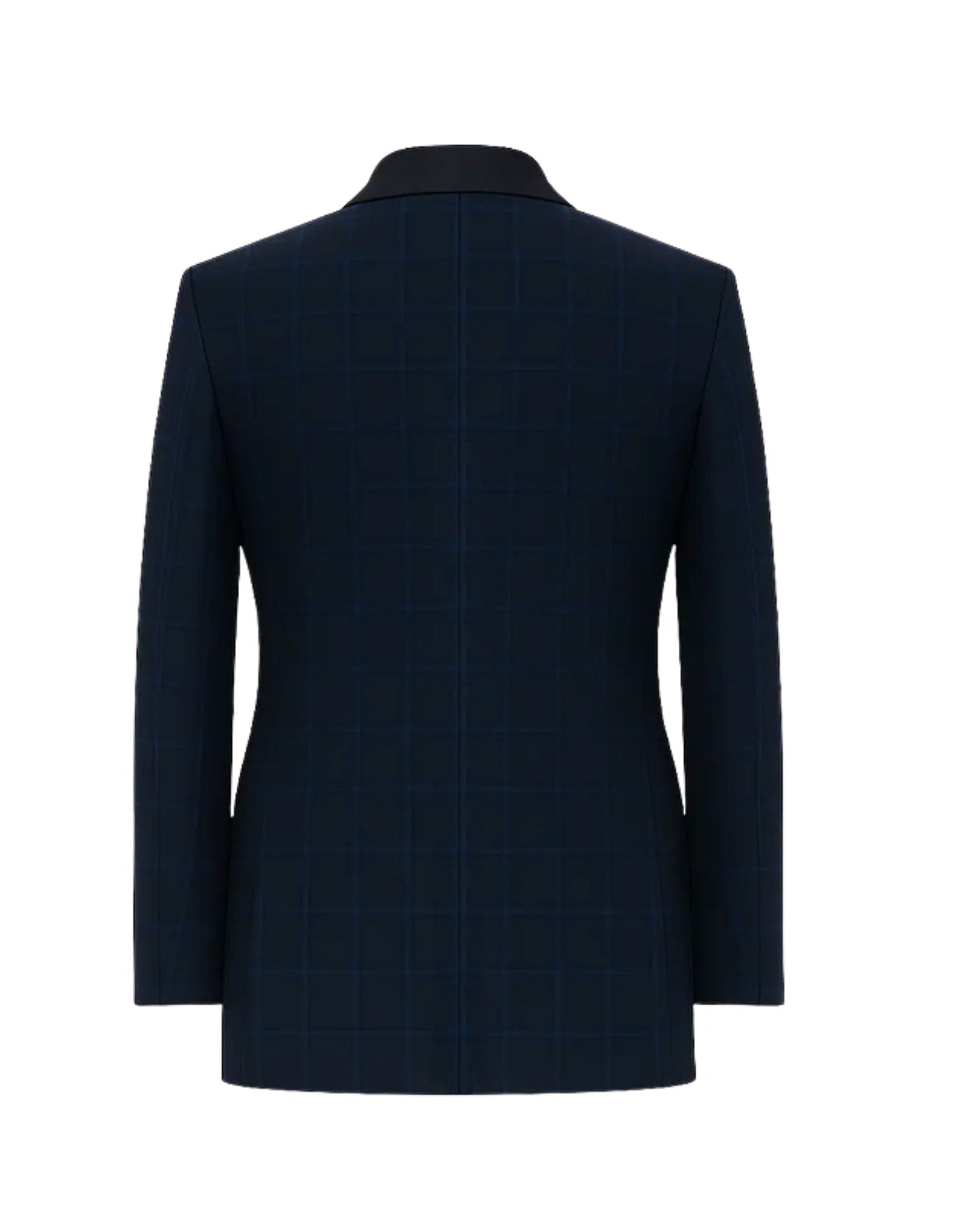Navy Evening Blazer shown from the back, featuring a tailored silhouette in deep navy with a subtle windowpane pattern and classic black satin shawl collar for elegant formal wear.