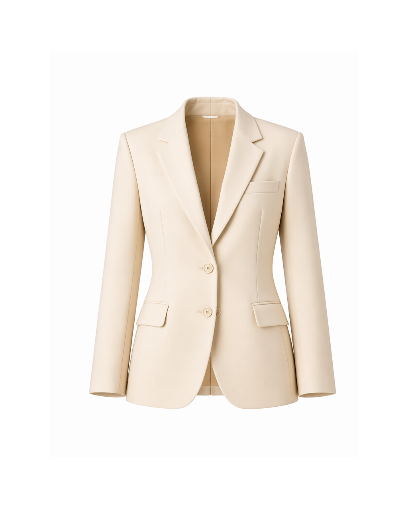 Women's Wearhouse | Women's Fitted Cream Suit Jacket in a smooth cream fabric, featuring a tailored silhouette with notch lapels, two-button closure, and flap pockets for elegant women's suiting.