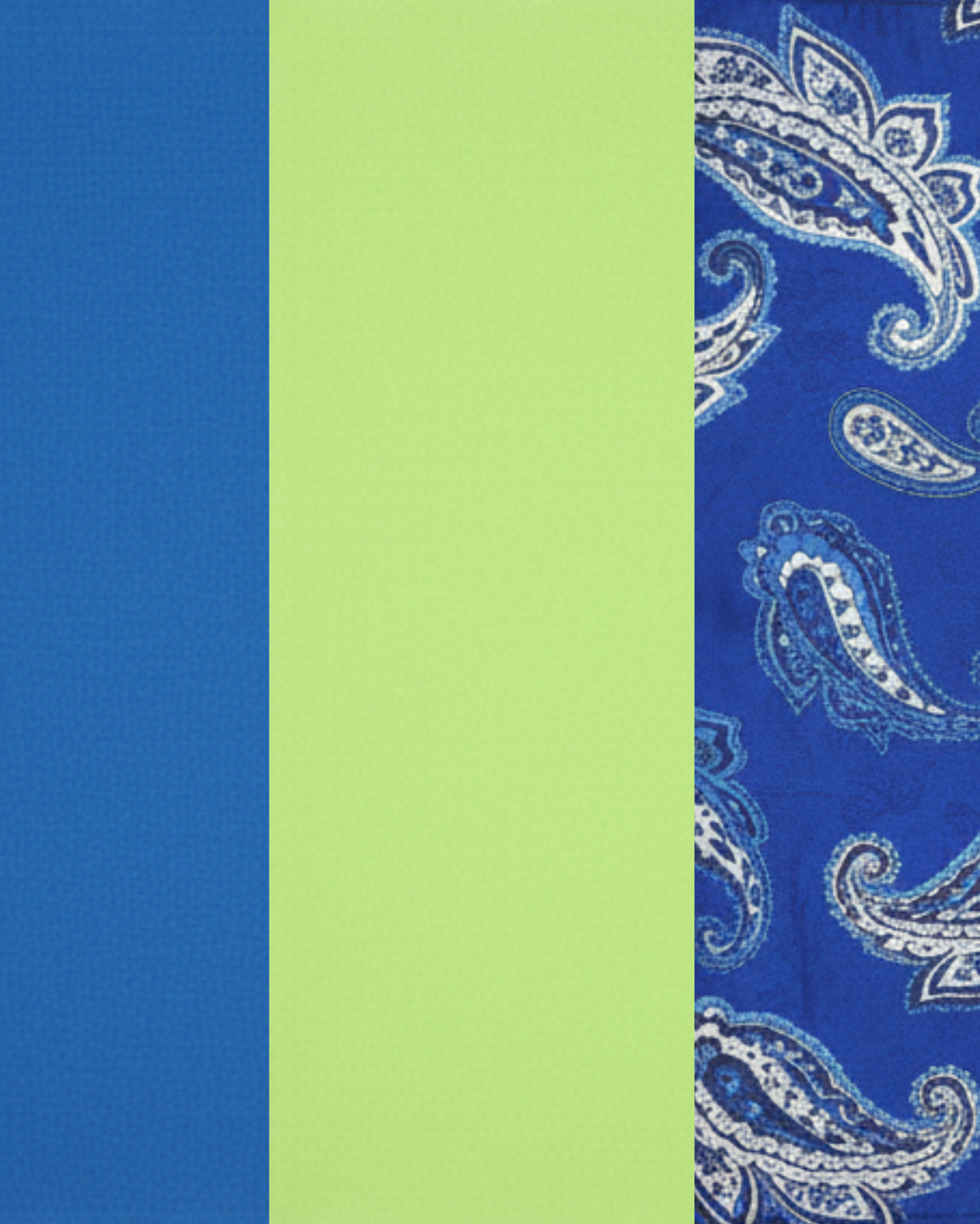 Two-Tone Wool Color Block Blazer fabric swatches featuring solid cobalt blue, soft pastel green, and a vibrant blue paisley pattern with intricate white and grey detailing for luxury tailored suiting.