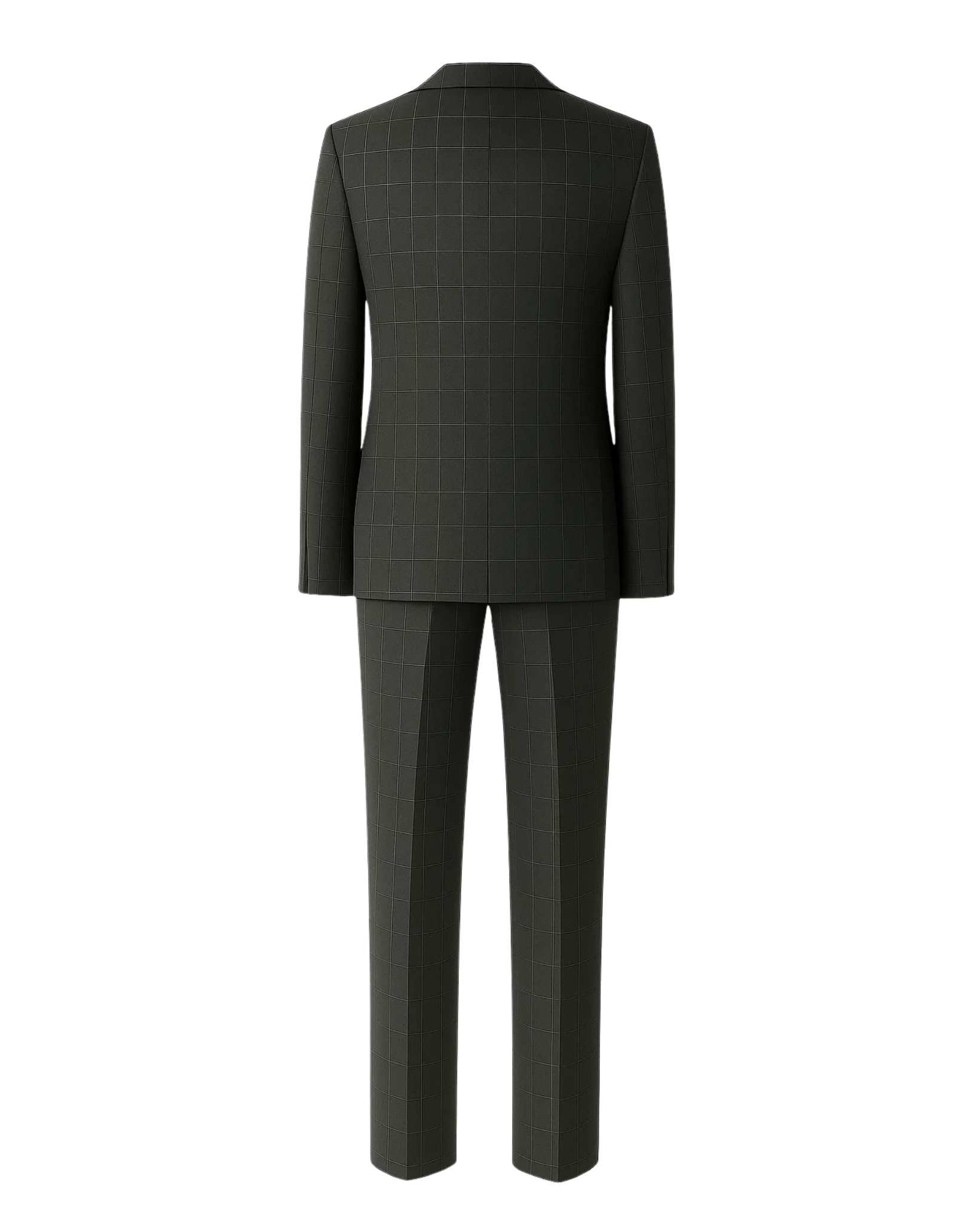 Men's Charcoal Gray Windowpane Check Suit Set featuring a clean back view with subtle windowpane pattern, tailored straight-leg trousers, and a fitted blazer with classic structured shoulders.
