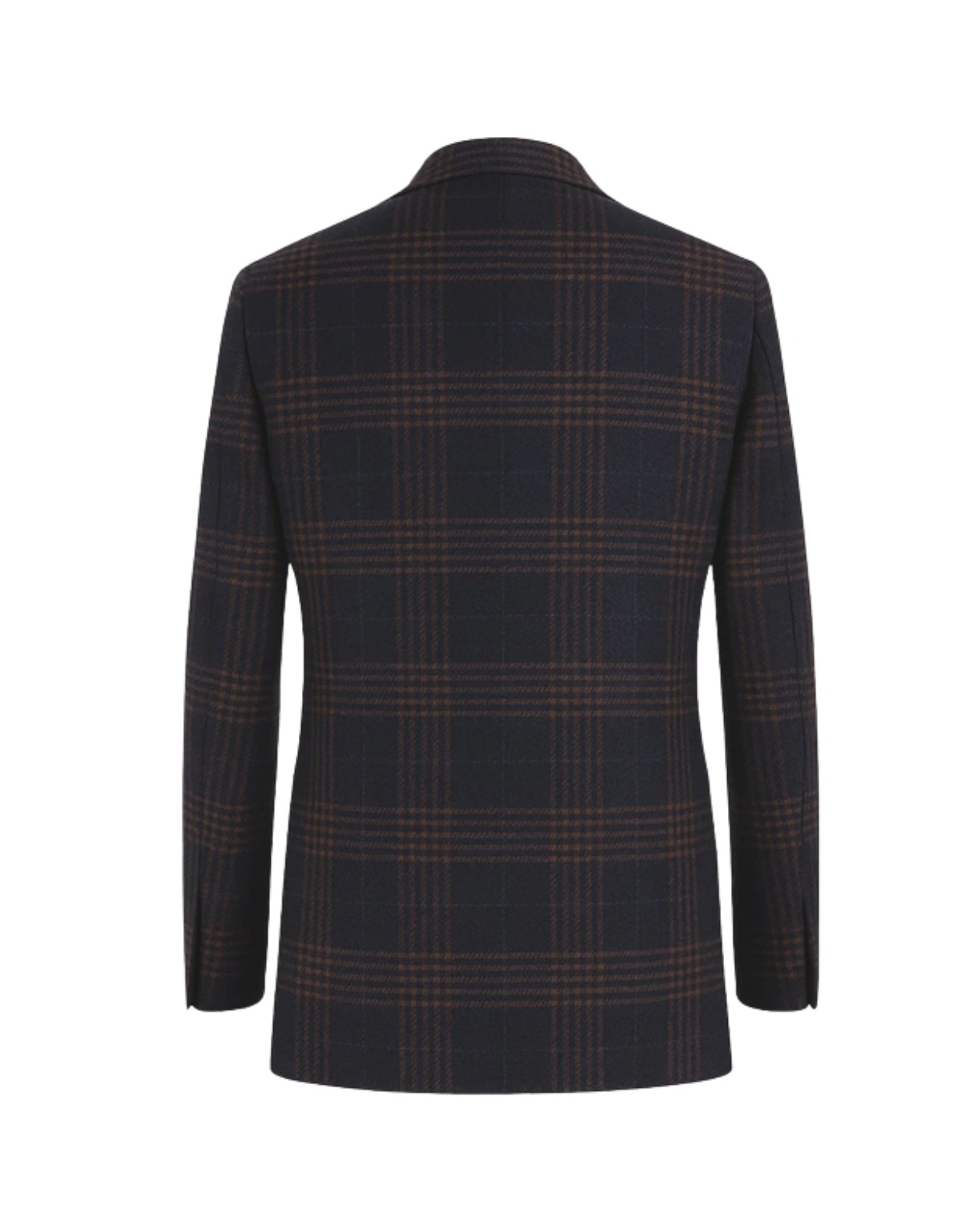Navy Brown Blazer | Peak Lapel Half-Canvas | Modern Fit shown from the back, featuring a rich navy base with an elegant brown windowpane plaid pattern and a tailored contemporary silhouette.