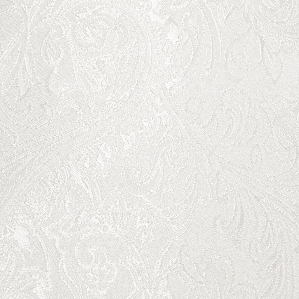 Intricate white jacquard fabric close-up showcasing an elegant paisley pattern with subtle texture, used in the White Jacquard Tuxedo Blazer for a refined formal look.