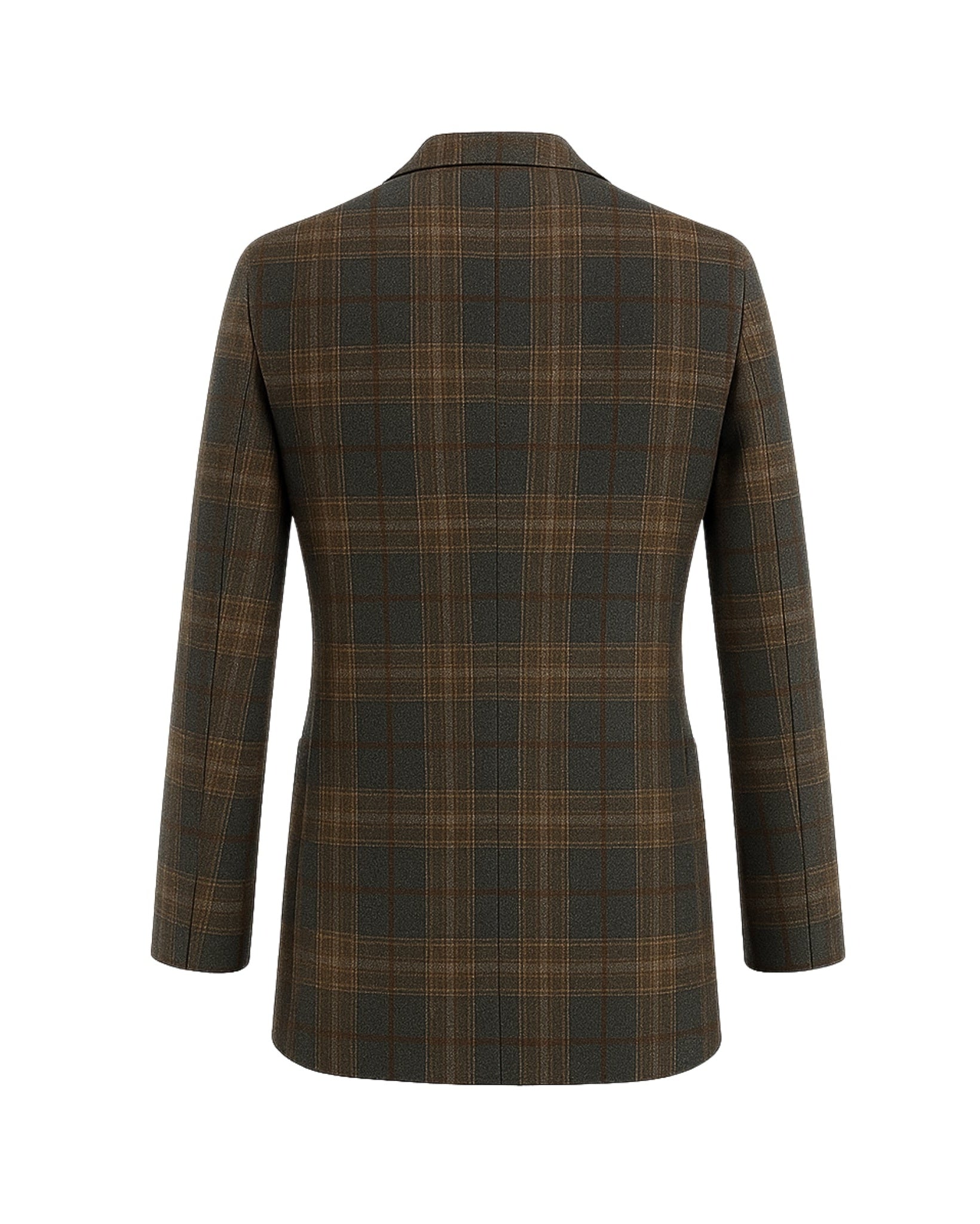 Grey Tan Sport Coat | Unstructured Blazer | Hand-Finished Details shown from the back, featuring a muted tan and grey plaid pattern with a soft unstructured silhouette and refined tailoring accents.