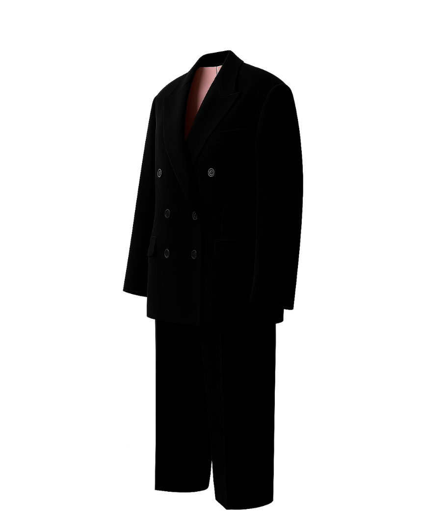 PRE-LOVED | Women's Black Oversized Wedding Suit featuring a double-breasted blazer with wide lapels and flap pockets, paired with relaxed-fit trousers for a bold, contemporary bridal statement.