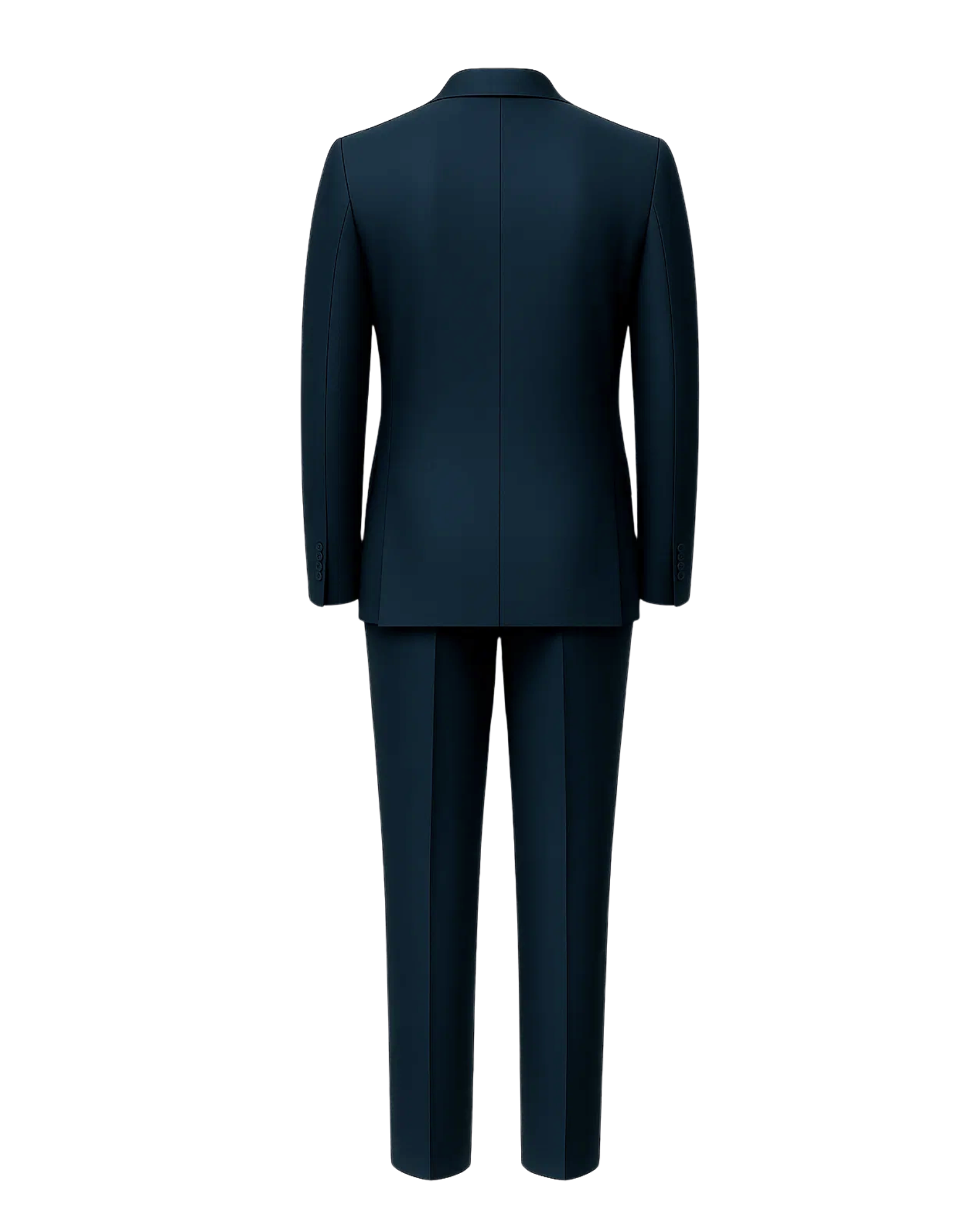 Men's Navy Blue Classic Tailored Suit Set displaying a sleek back view with a structured blazer featuring clean lines, paired with matching slim trousers in deep navy fabric.