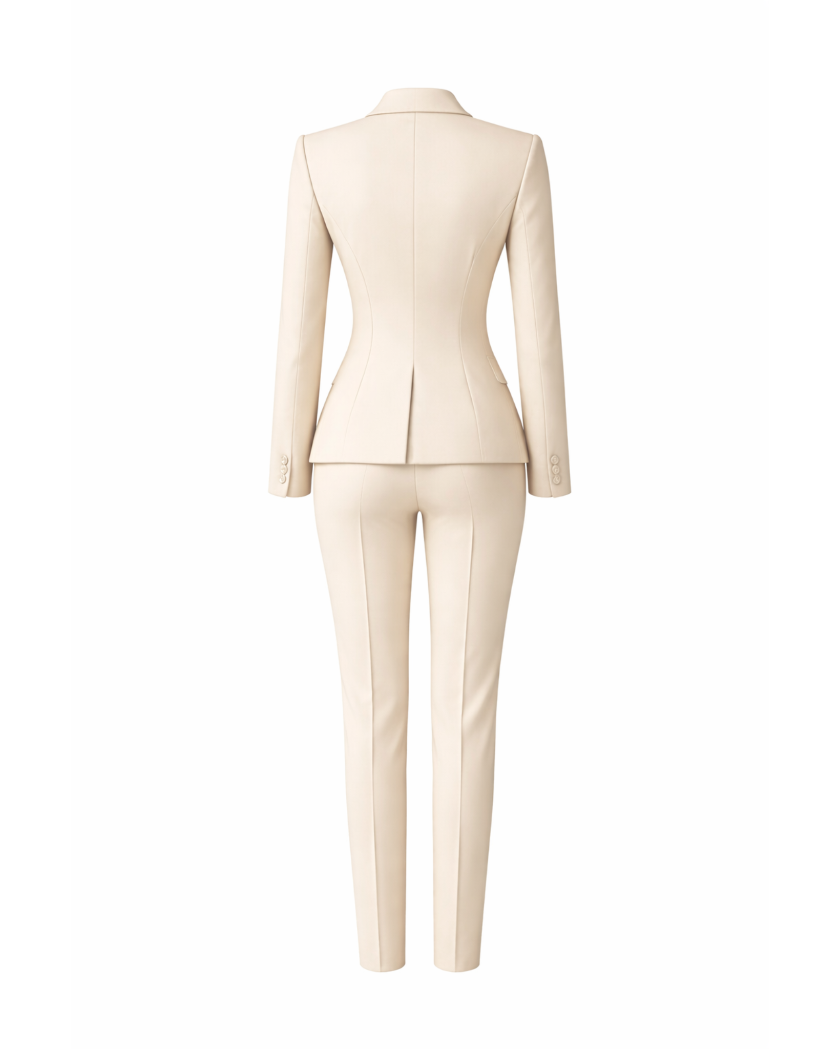 Women's Wearhouse | Women's Cream Fitted Wedding Suit shown from the back, featuring a streamlined blazer with structured seams and tailored slim trousers in a smooth cream fabric for modern bridal elegance.