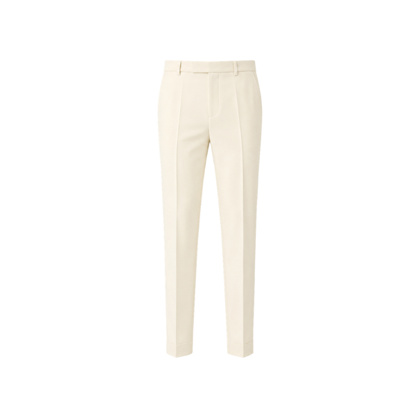 Ivory Women’s Wool Tuxedo Pants in a soft ivory wool fabric, featuring a tailored fit with belt loops, front pleats, and a clean cuff hem for sophisticated formalwear.