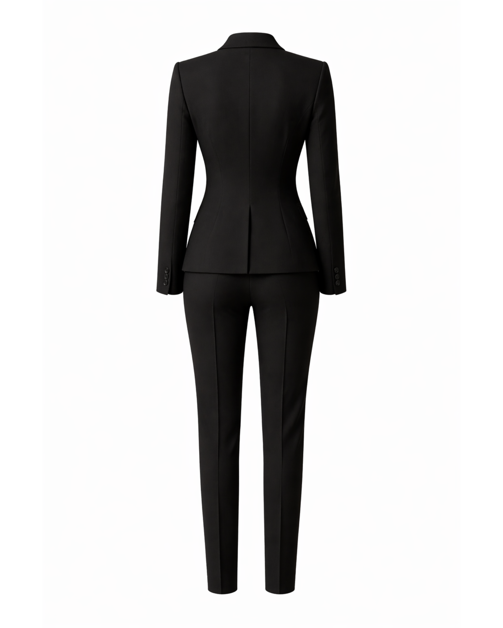Women's Wearhouse| Women's Black Fitted Wedding Suit shown from the back, featuring a tailored blazer with structured shoulders and slim, tapered trousers in smooth black fabric for a sleek bridal look.