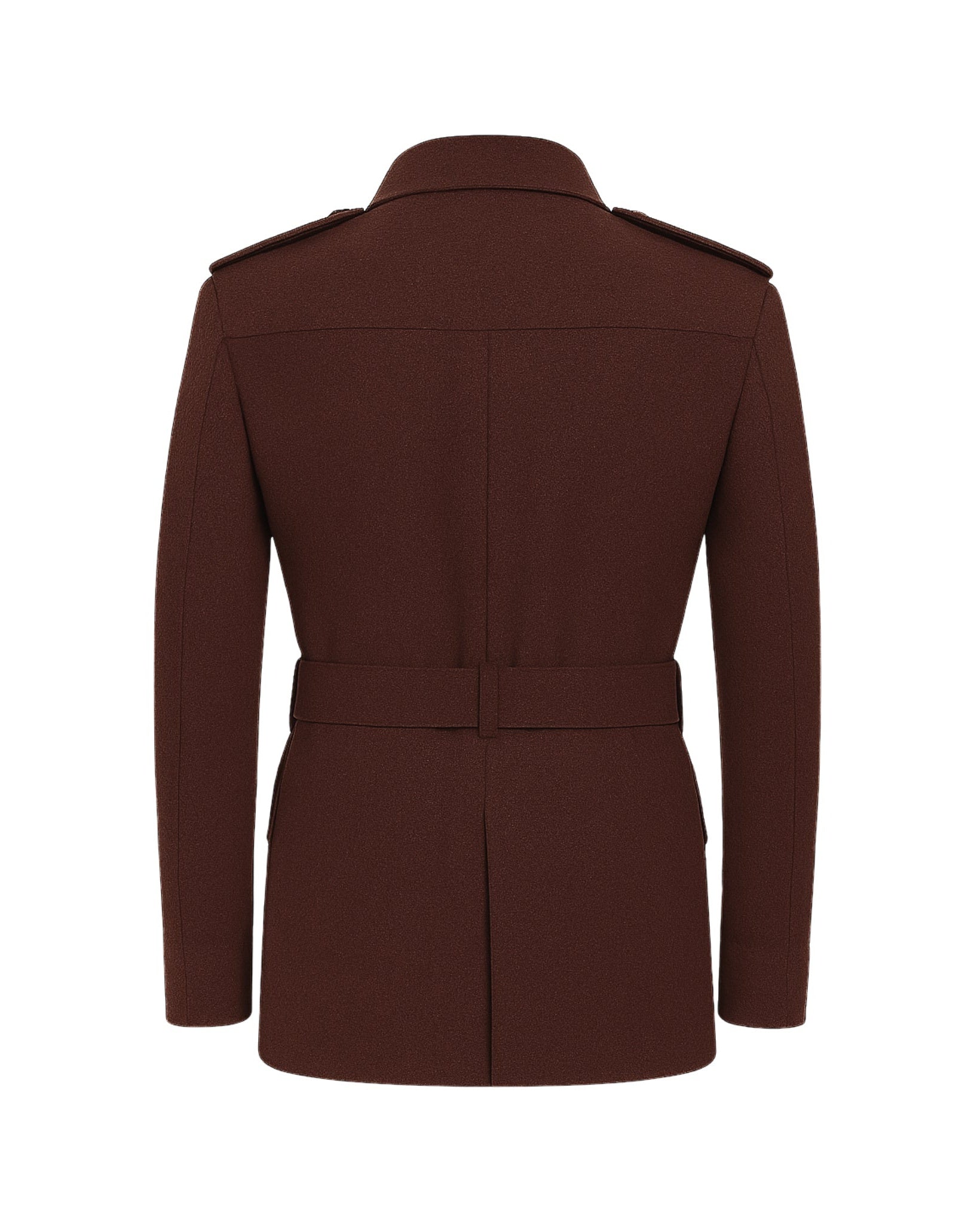 Rusted Gold Jacket | Custom Wool Belted Field Coat shown from the back in a warm rust tone, featuring a belted waist, structured shoulders with epaulets, and a clean, tailored fit.