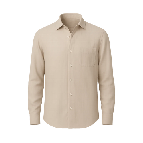Men's Beige Unconstructed Casual Shirt featuring a relaxed fit with long sleeves, a classic collar, front button closure, and a single chest pocket in a soft, breathable fabric.