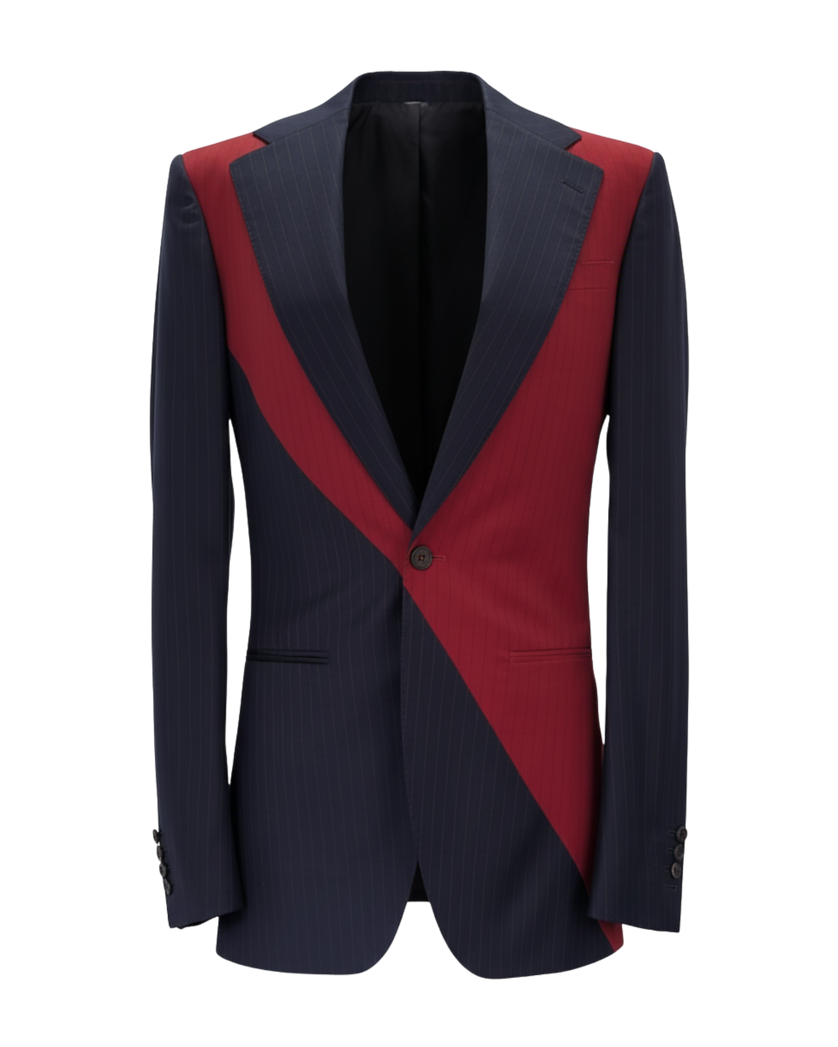 Diagonal Pinstripe Contrast Blazer featuring a striking blend of navy pinstripe and deep red panels, tailored with a single-button closure and sharp lapels for a bold, modern silhouette.