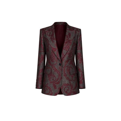 Burgundy Baroque Velvet Graphic Jacket featuring an intricate baroque velvet pattern in rich burgundy tones, tailored with structured shoulders and a single-button closure for sophisticated eveningwear.
