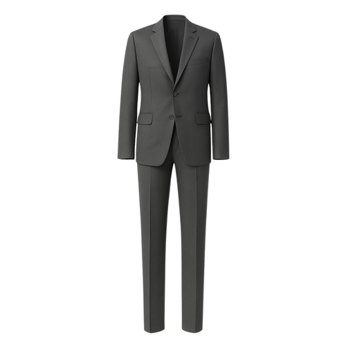 Men's Loro Piana Charcoal Slim Suit featuring a two-button blazer with notch lapels, flap pockets, and slim tailored trousers in fine charcoal fabric for sophisticated menswear.