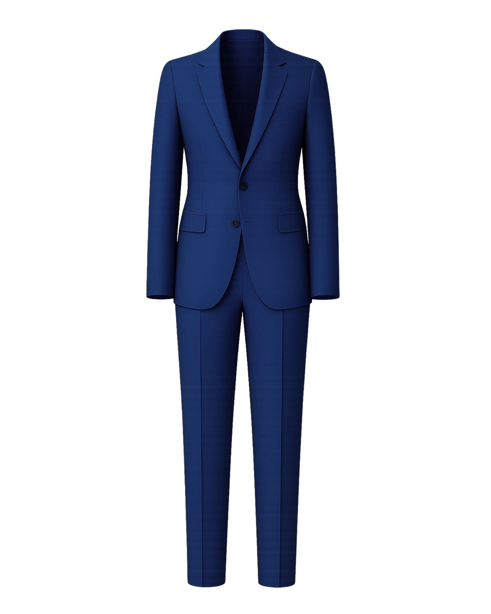 Men's Royal Blue Power Suit Set featuring a sleek two-button blazer with notch lapels, flap pockets, and matching tailored trousers in a rich royal blue fabric for commanding menswear.