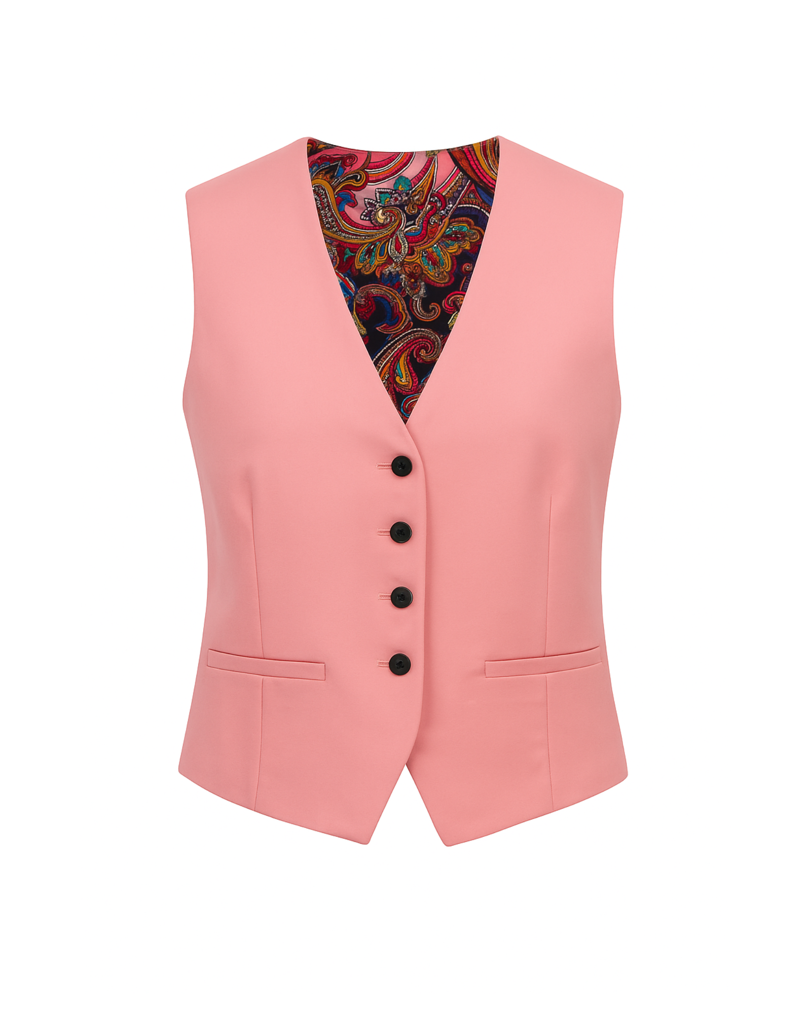 Coral Pink Paisley-Lined Wool Vest in a soft coral pink shade, featuring a tailored fit with front button closure, welt pockets, and vibrant paisley lining for distinctive luxury suiting.