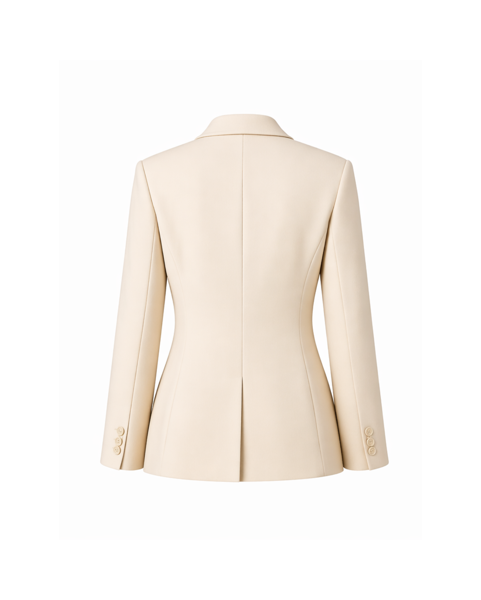 Women's Wearhouse | Women's Fitted Cream Suit Jacket shown from the back, featuring a smooth cream fabric, tailored seams, a center vent, and button details on the sleeves for a refined silhouette.