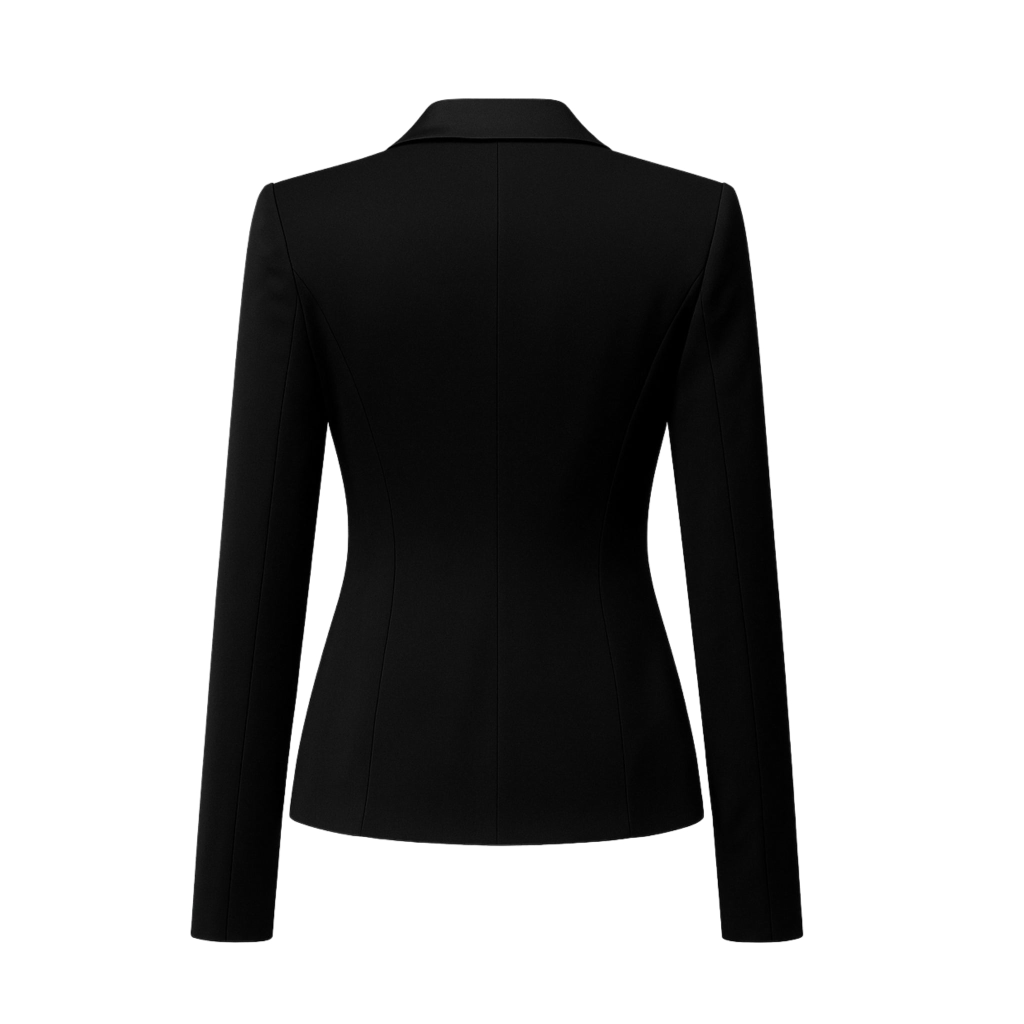 Black Fitted Blazer Shawl Collar Single Button Formal shown from the back, featuring a streamlined tailored fit with long sleeves and precise seam detailing for a polished silhouette.
