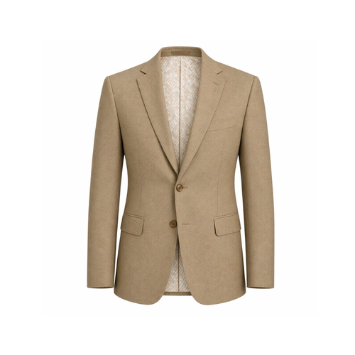 Beige Wool Summer Wedding Blazer displayed front-facing in a finely woven light beige wool fabric, featuring a tailored two-button closure, notch lapels, and flap pockets for refined summer occasion wear.