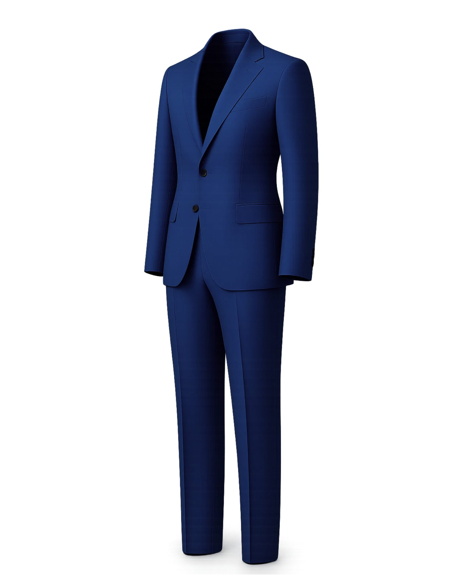 Men's Royal Blue Power Suit Set featuring a tailored two-button blazer with notch lapels and flap pockets, paired with matching slim-fit trousers in a rich royal blue fabric for distinguished menswear.