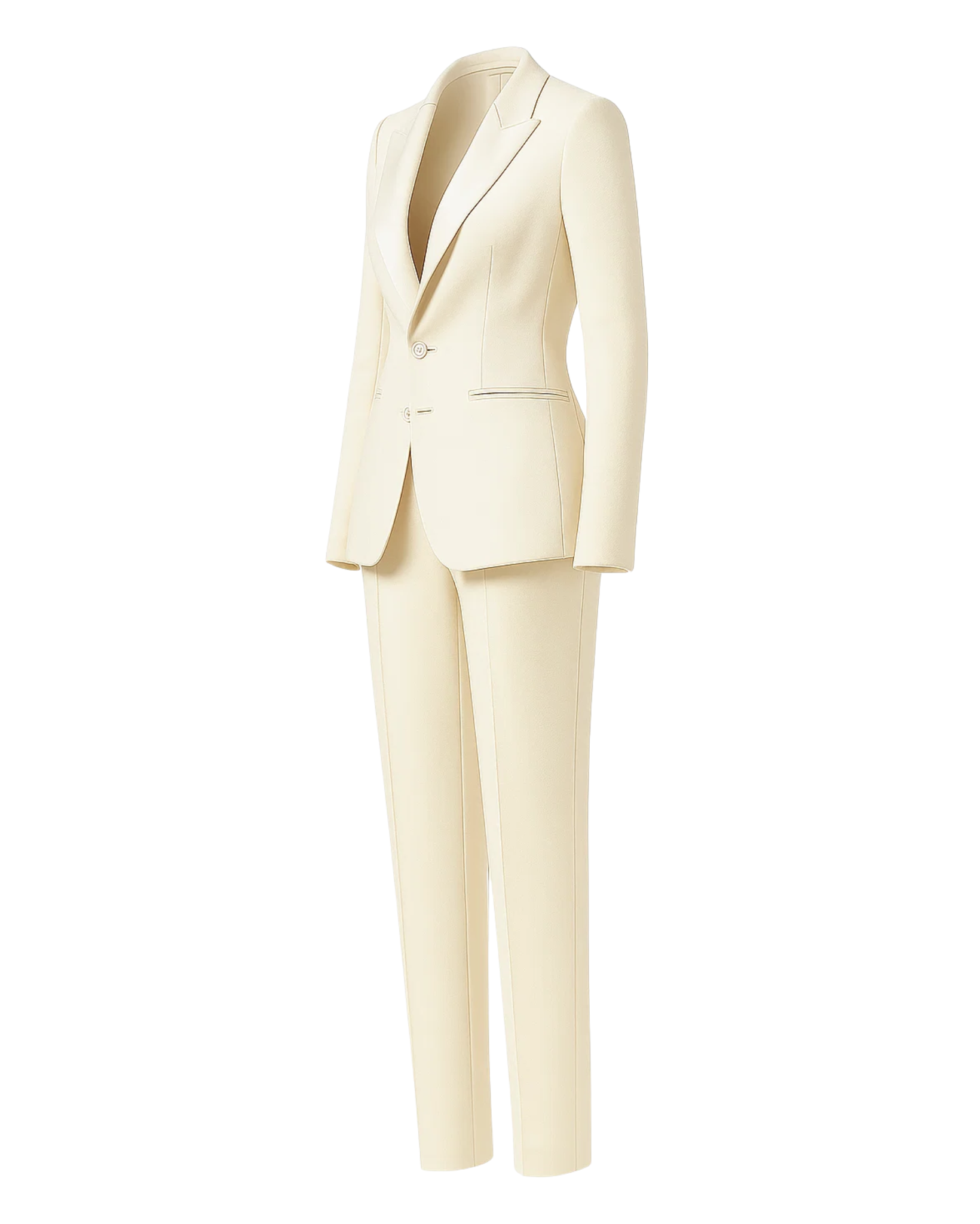 SAMPLE SALE | Cream Fitted Wedding Satin Suit in a sleek cream silk satin fabric, featuring a tailored fitted blazer with notch lapels, two-button closure, and slim straight-leg trousers for a refined bridal look.