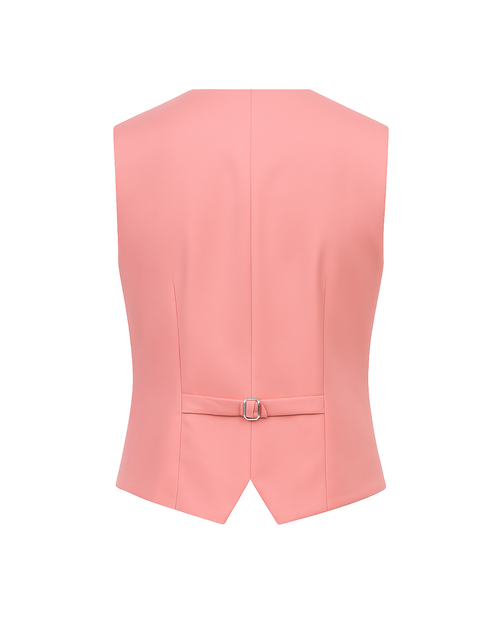 Coral Pink Paisley-Lined Wool Vest shown from the back, featuring a soft coral pink wool fabric, a tailored fit, and an adjustable rear buckle for a perfect silhouette.