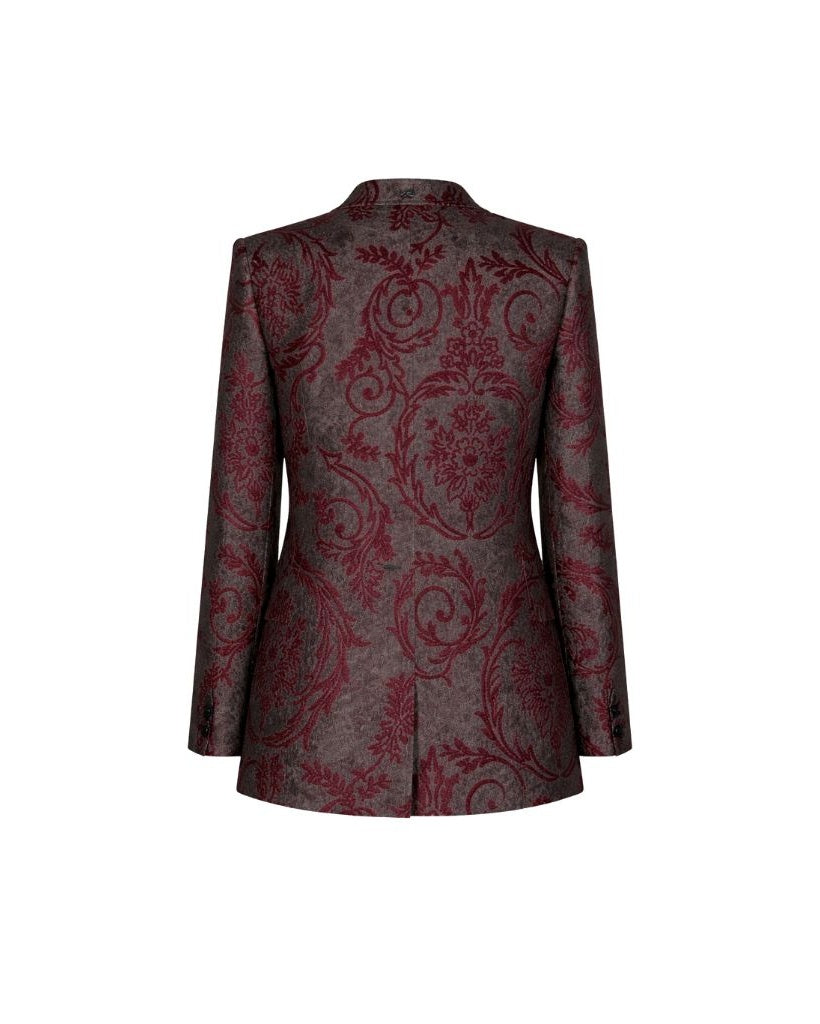 Back view of Burgundy Baroque Velvet Graphic Jacket showcasing an elegant burgundy baroque pattern on velvet fabric with a tailored fit and a single center vent for refined eveningwear.